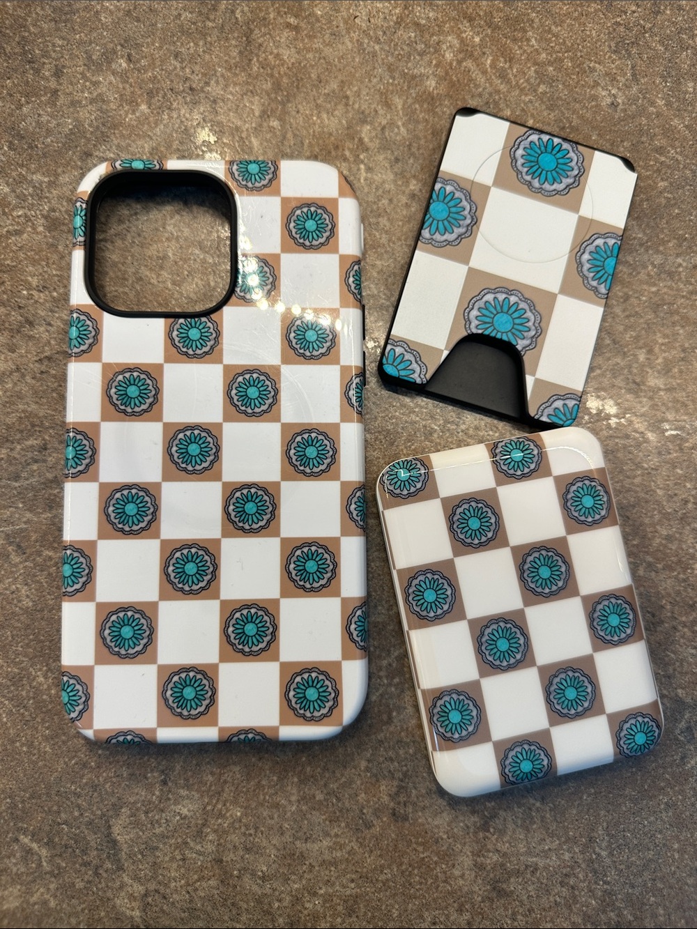 Premium Turquoise Floral Checkered Phone Case and Card Holder Set